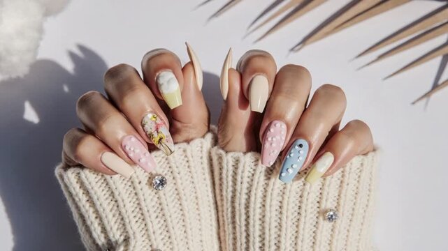 Stylish spring nail art design featuring pastel colors and floral accents