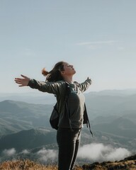 Woman Standing Alone at Scenic Mountain Peak Nature Background Landscape View Empowering Concept