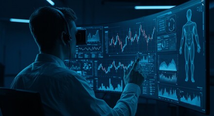 Analyst examines market trends and a human body scan on an advanced interface, wearing headphones in a modern, cool-toned workspace.