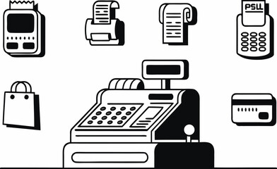 Modern black and white vector illustration of retail payment and cash register icons