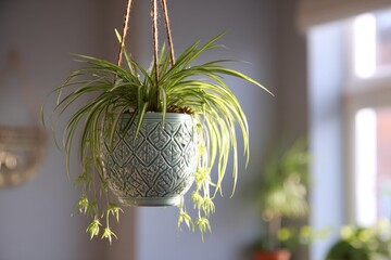 Hanging air plant in light teal pot