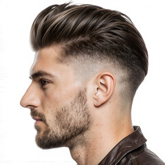 Obraz premium Stylish Modern Haircut Portrait: A sleek profile of a handsome man showcases a contemporary and fashionable haircut, highlighting the details of a modern aesthetic. 