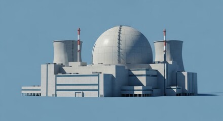 A detailed 3D render of a nuclear power station, showing the containment building and cooling towers. Isolated on a blue background.