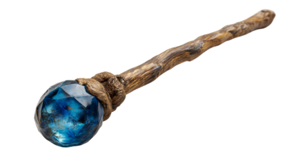 Fantasy adventure wizard wand with glowing ocean blue gemstone and organic wood twist shape on transparent background
