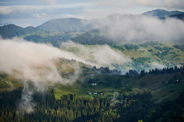 Fototapeta premium Picturesque scene of mountain valley blanketed in mist, with patches of green pastures and scattered houses. Clouds drift gently over forested hills, creating serene and tranquil atmosphere.