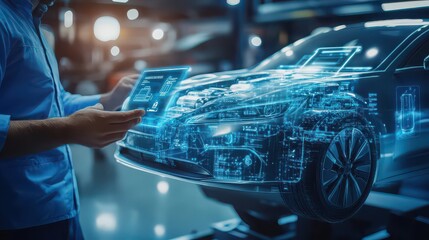 Man interacting with holographic car interface using a digital tablet in a futuristic setting