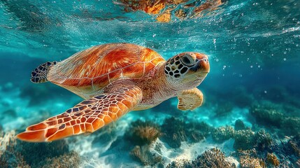 Fototapeta premium Sea turtle swimming in turquoise water over coral reef