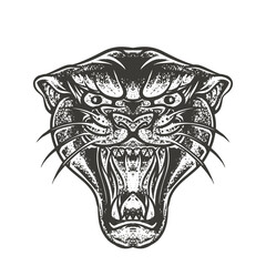 Roaring panther head in vintage traditional tattoo style, bold black and white hand-drawn line art, perfect for old school tattoo or wild animal design.