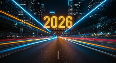 Street view showcasing dynamic light trails and a brightly illuminated year, creating a futuristic and energetic urban scene.