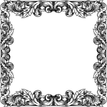 Elegant vintage baroque floral frame in black and white engraving style, decorative square border perfect for invitation, certificate, or retro design.