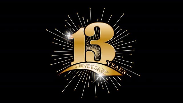 Anniversary date 13 years. Golden stylized congratulation in the rays of fireworks and reflections. Idea for a congratulatory banner or icon for a website or application. Animated screensaver