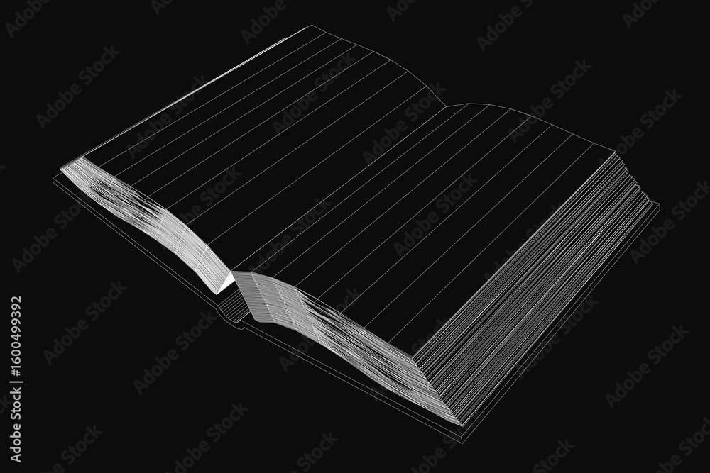 Poster an open book on a black background features a clean white wireframe drawing of its pages. the minima