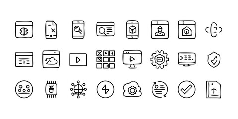  A line-style set of digital marketing web icons. Social media, networking, feedback, communication, marketing, and e-commerce. Vector illustrations.