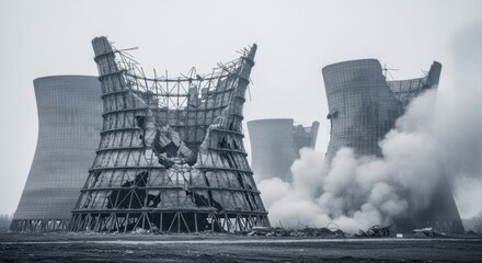 The dramatic demolition of a nuclear power plant's cooling tower, with dust and debris clouds, signaling the end of an era for atomic energy.