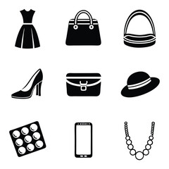 Collection of fashion accessories and clothing items presented as simple black icons on a white background
