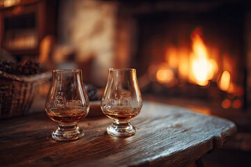 Two small glasses of amber liquid on a rustic wooden table near a fireplace
