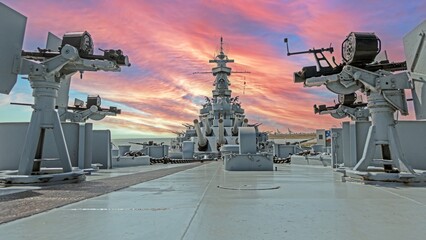 USS Alabama Battleship with turret view at sunset © Aquarius