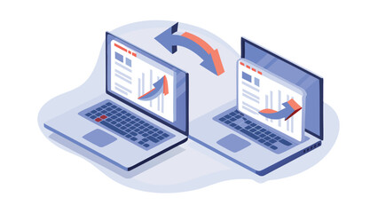 Two laptops connected by an arrow showing data transfer in a modern isometric illustration style