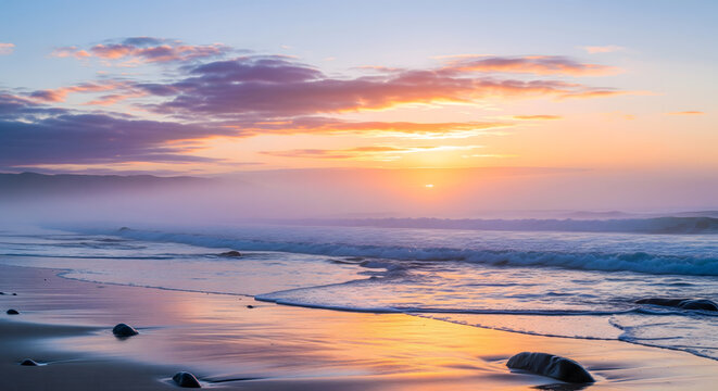 A breathtaking beach sunset with soft, hazy light over gentle waves, reflecting warm and cool tones on the wet sand