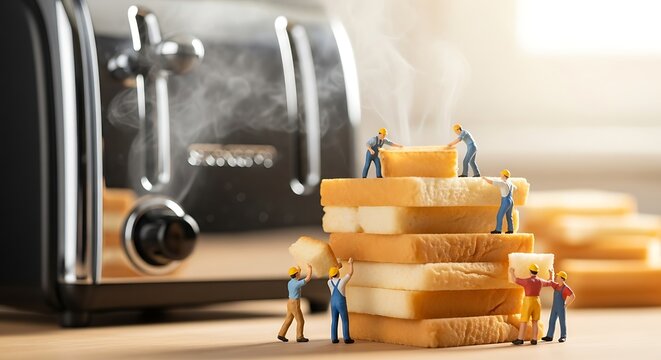 Miniature Workers Constructing a Tower of Toasted Bread.