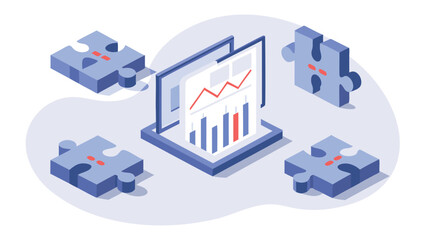 Naklejka premium Isometric illustration of data analysis on a screen surrounded by puzzle pieces on light background