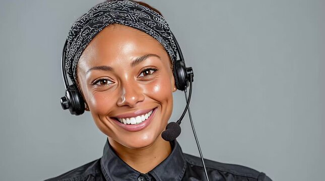 4K video of a black female call center agent on a head set talking to a cilent in a modern call center
