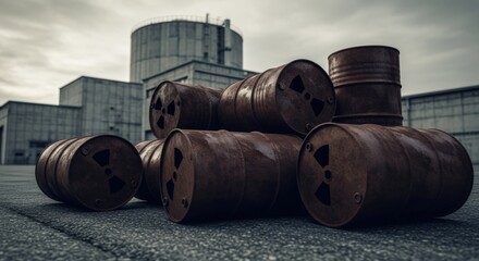 A pile of old, rusty barrels marked with the radioactive symbol, abandoned outside a nuclear power plant, symbolizing hazardous waste.