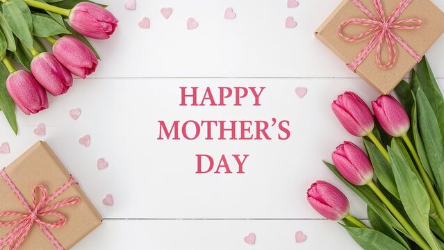 A festive arrangement of tulips and presents on a white wooden backdrop, accompanied by a greeting card expressing Happy Mother's Day and heart motifs - Powered by Adobe