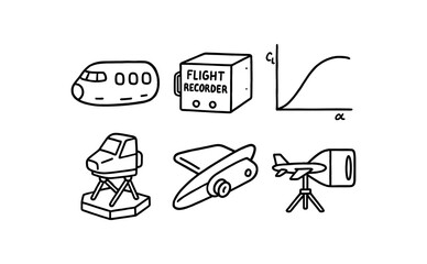 hand drawn cute out doodle style isolated f fuselage section f recorder unit f lift coefficient chart f simulator rig f aileron hinge f wind tunnel model