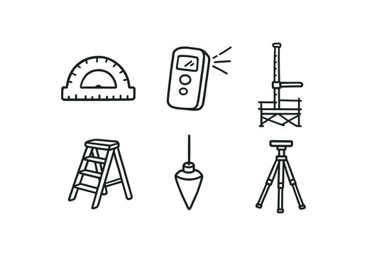 hand drawn cute out doodle style isolated height clinometer protractor height rangefinder laser height stadiometer step ladder height plumb bob height scaffolding plank height tripod