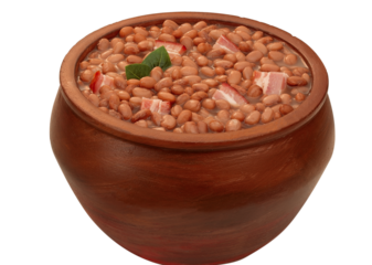 panela de barro com feijão carioca refogado com pedaços de bacon e folha de louro isolado em fundo transparente