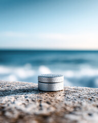 A close-up of a small, round stone container with a lid resting on a textured surface near a blurred ocean background under a clear blue sky.