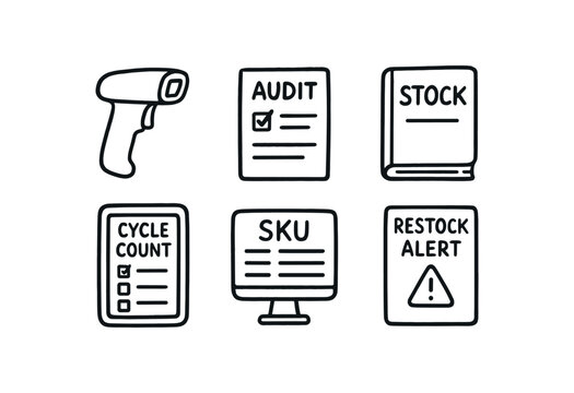 hand drawn cute out doodle style isolated inventory specialist handheld scanner inventory specialist audit report inventory specialist stock ledger inventory specialist cycle count tablet