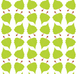 Birch leaves. Vector seamless pattern with birch elements, fresh green leaves, isolated on white background. For fabric, print, wallpaper and other projects.