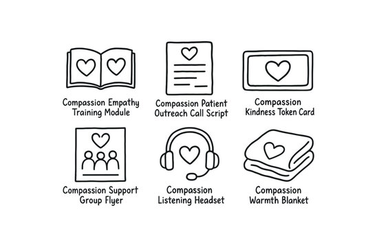 hand drawn cute out doodle style isolated compassion empathy training module compassion patient outreach call script compassion kindness token card compassion support group flyer compassion