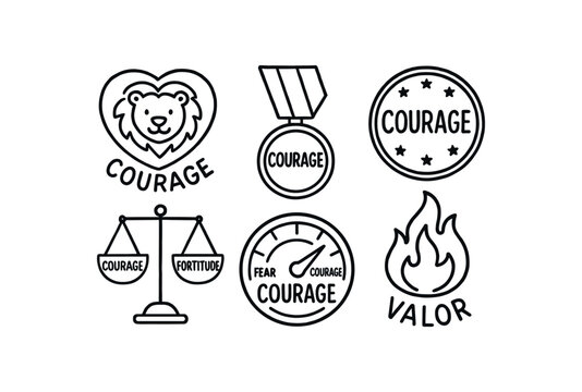 hand drawn cute out doodle style isolated courage lion heart emblem courage bravery medal badge courage challenge coin courage fortitude scale courage fear gauge courage valor flame