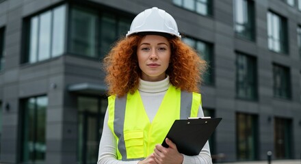 Confident construction worker wearing a hard hat and safety vest stands in front of a building with a clipboard in hand, looking at the camera.