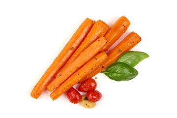 Glazed Carrots with Tomatoes and Basil, isolated on white background