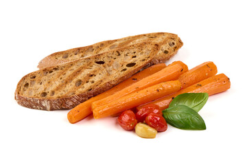 Glazed Carrots with ciabatta bread, Tomatoes and Basil, isolated on white background.