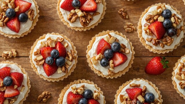 Assorted mini cupcakes and fruit tarts featuring strawberries, nuts, and blueberries arranged on a wooden table. Top-down perspective, detailed view