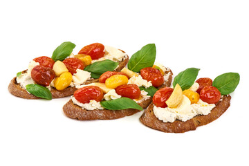 Bruschetta Bread with Tomatoes, Garlic, Basil and cream Cheese, isolated on white background.