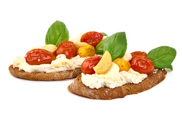 Bruschetta Bread with Tomatoes, Garlic, Basil and cream Cheese, isolated on white background