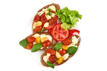 Bruschetta with Tomatoes, cream Cheese, Basil, Lettuce, isolated on white background
