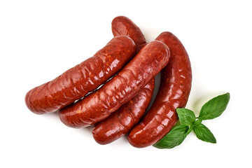 Sausages with Basil Herb, isolated on white background
