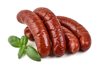 Sausages with Basil Herb, isolated on white background.