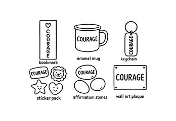 hand drawn cute out doodle style isolated courage bookmark courage enamel mug courage keychain tag courage sticker pack courage affirmation stones courage wall art plaque