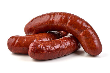 Smoked german Sausages, isolated on white background.