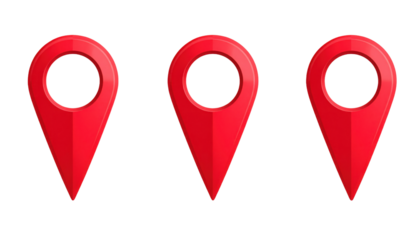 Three red map location pins with circular cutouts, varying slightly in design and shading.