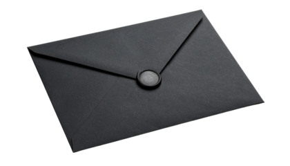 A sleek black envelope sealed with a black wax stamp, exuding elegance and mystery.