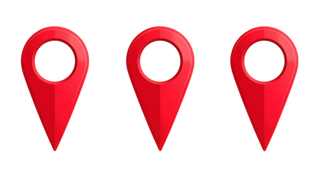 Three red map location pins with circular cutouts, varying slightly in design and shading.